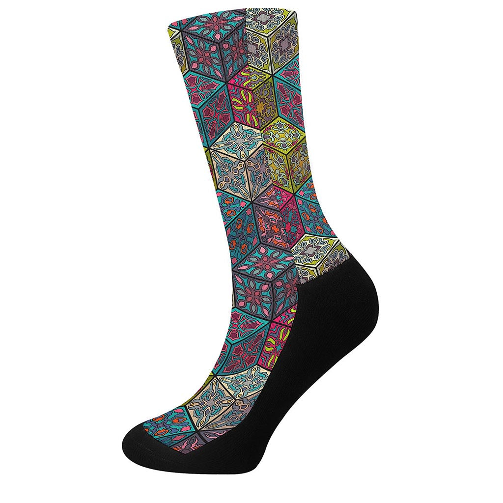 Bohemian Indian Box Pattern Print Crew Socks