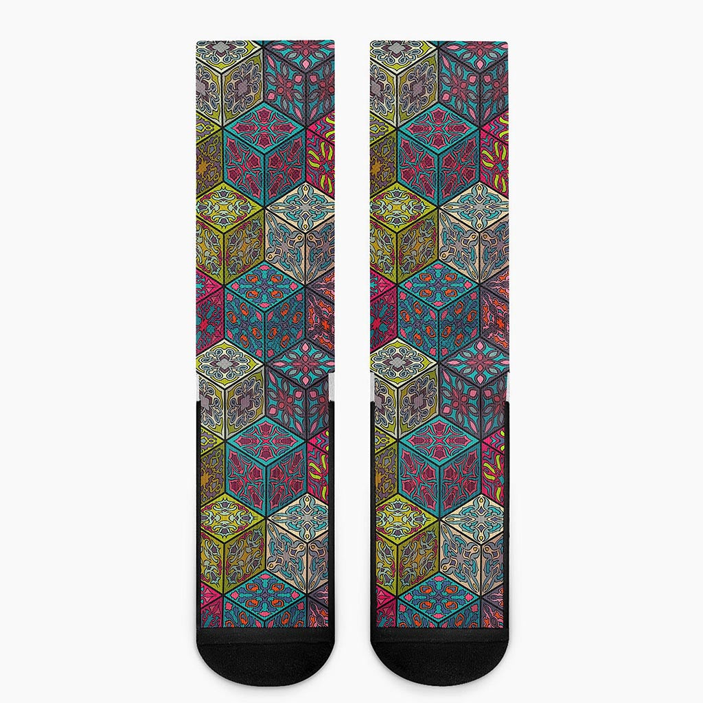 Bohemian Indian Box Pattern Print Crew Socks