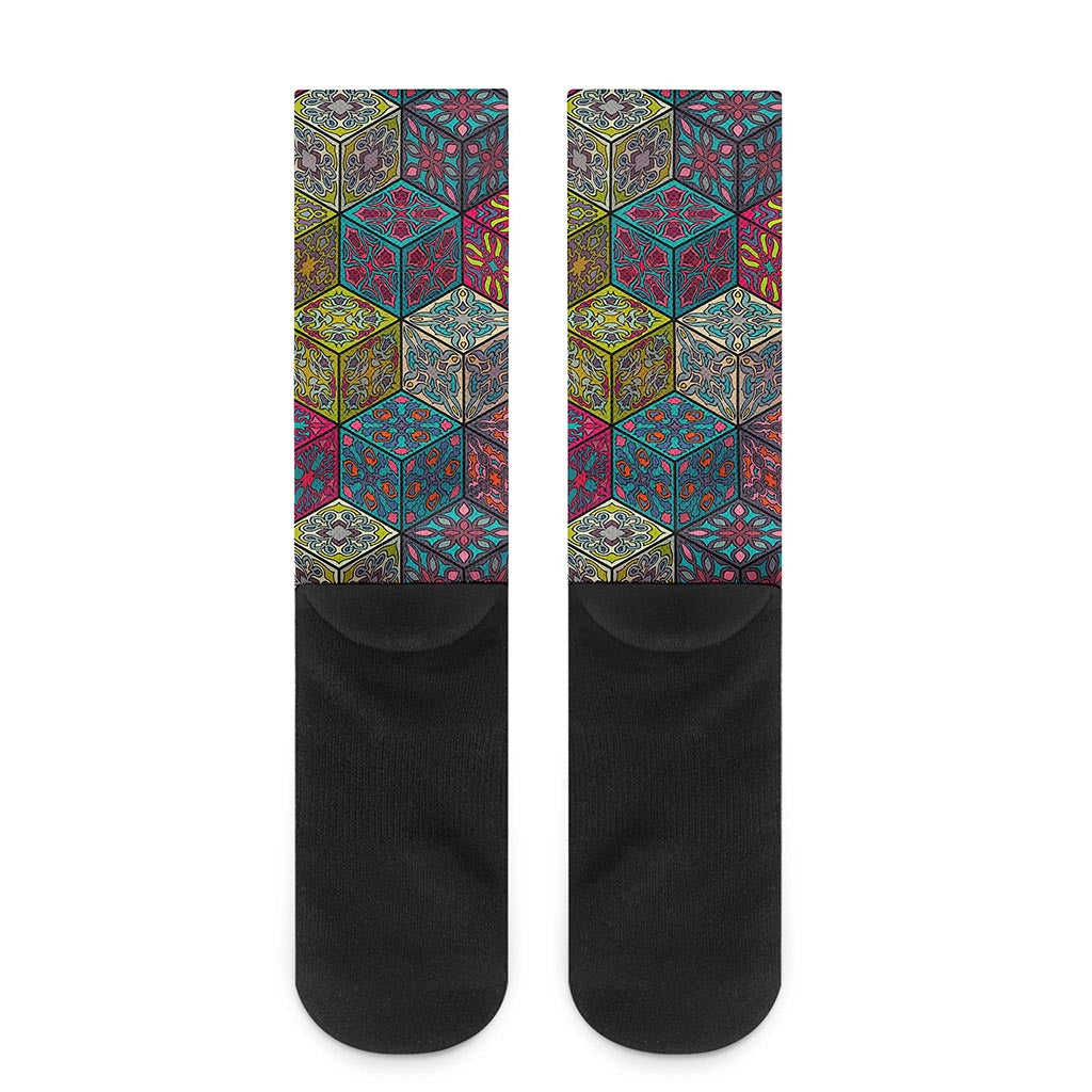 Bohemian Indian Box Pattern Print Crew Socks