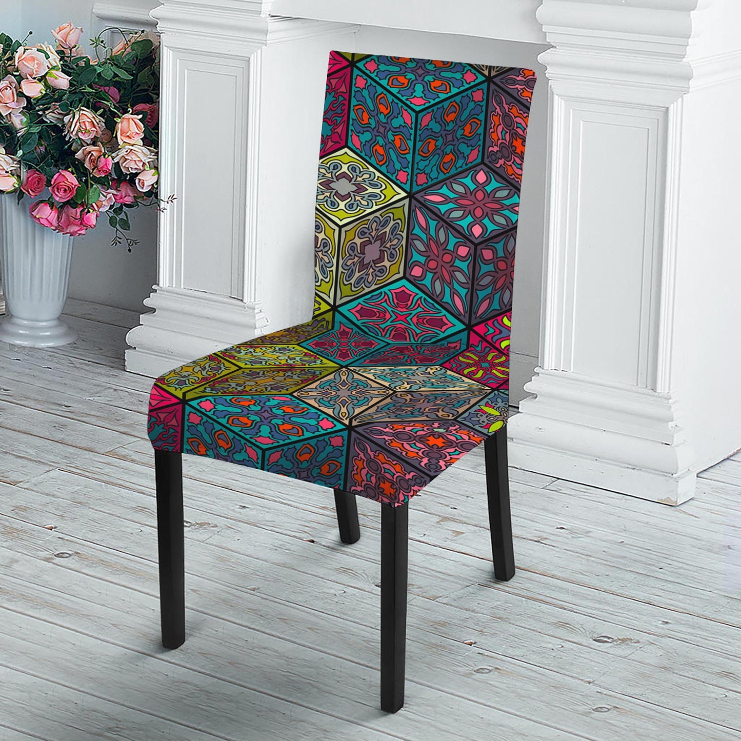 Bohemian Indian Box Pattern Print Dining Chair Slipcover