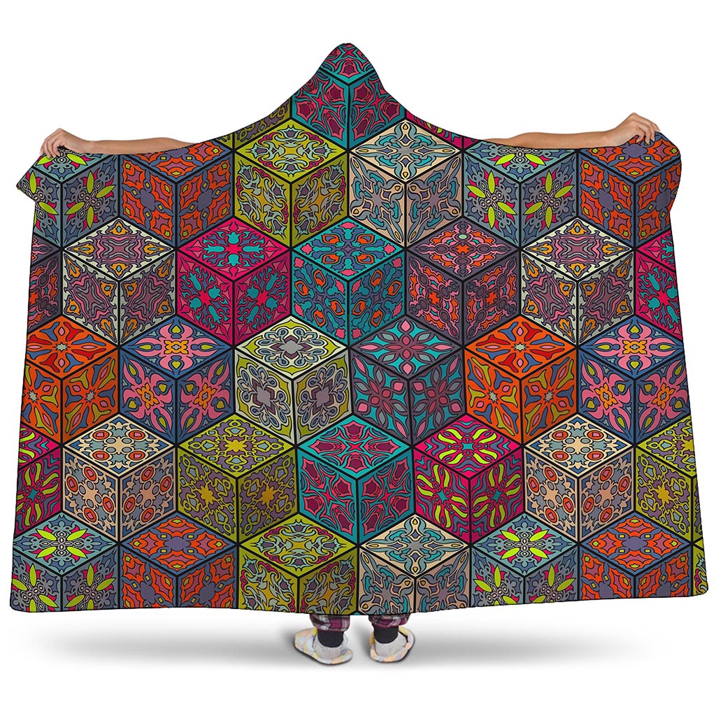 Bohemian Indian Box Pattern Print Hooded Blanket