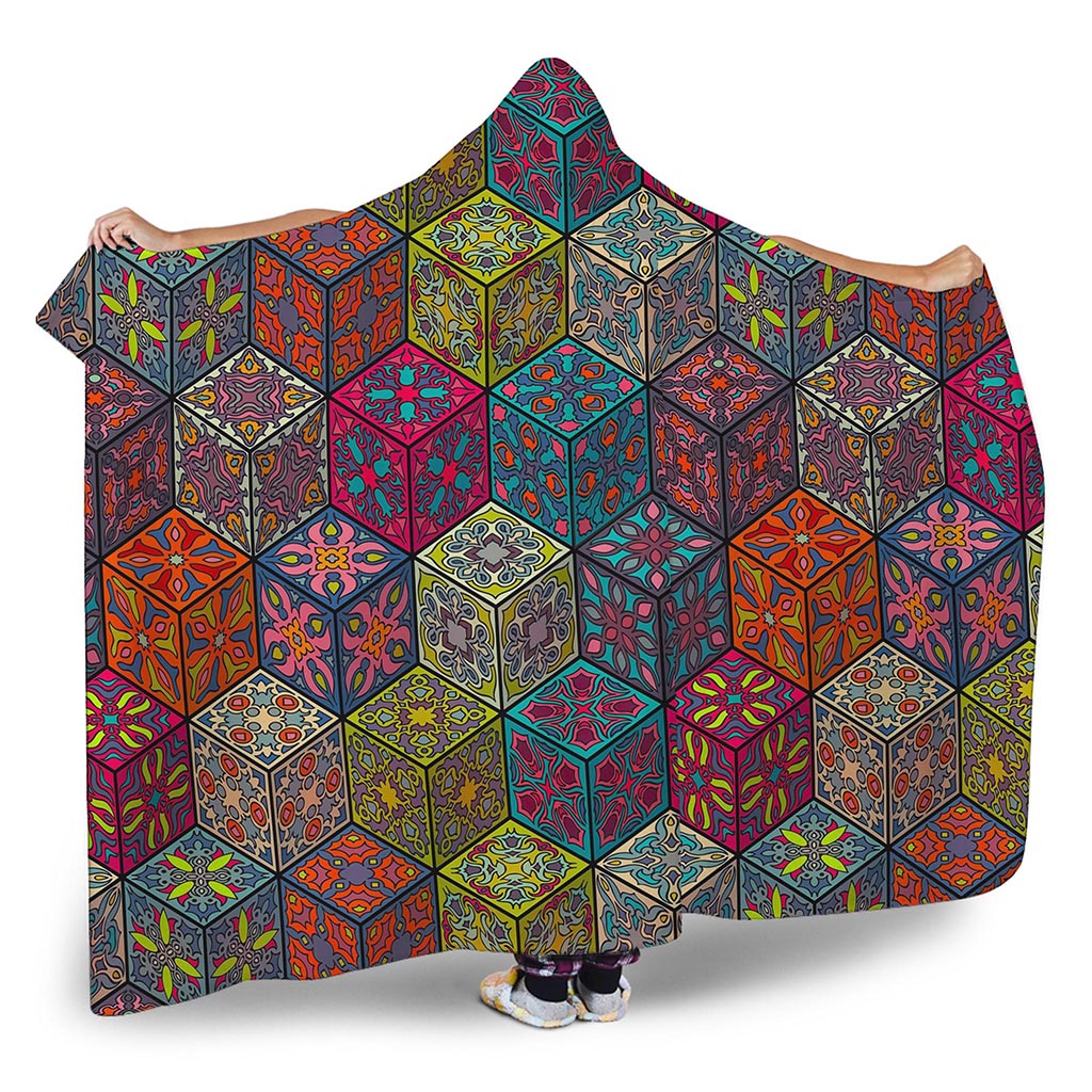 Bohemian Indian Box Pattern Print Hooded Blanket