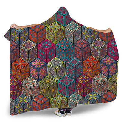 Bohemian Indian Box Pattern Print Hooded Blanket