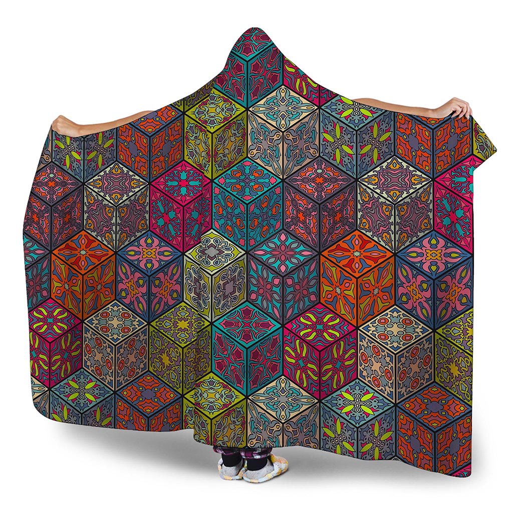Bohemian Indian Box Pattern Print Hooded Blanket
