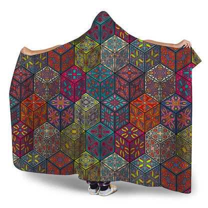 Bohemian Indian Box Pattern Print Hooded Blanket