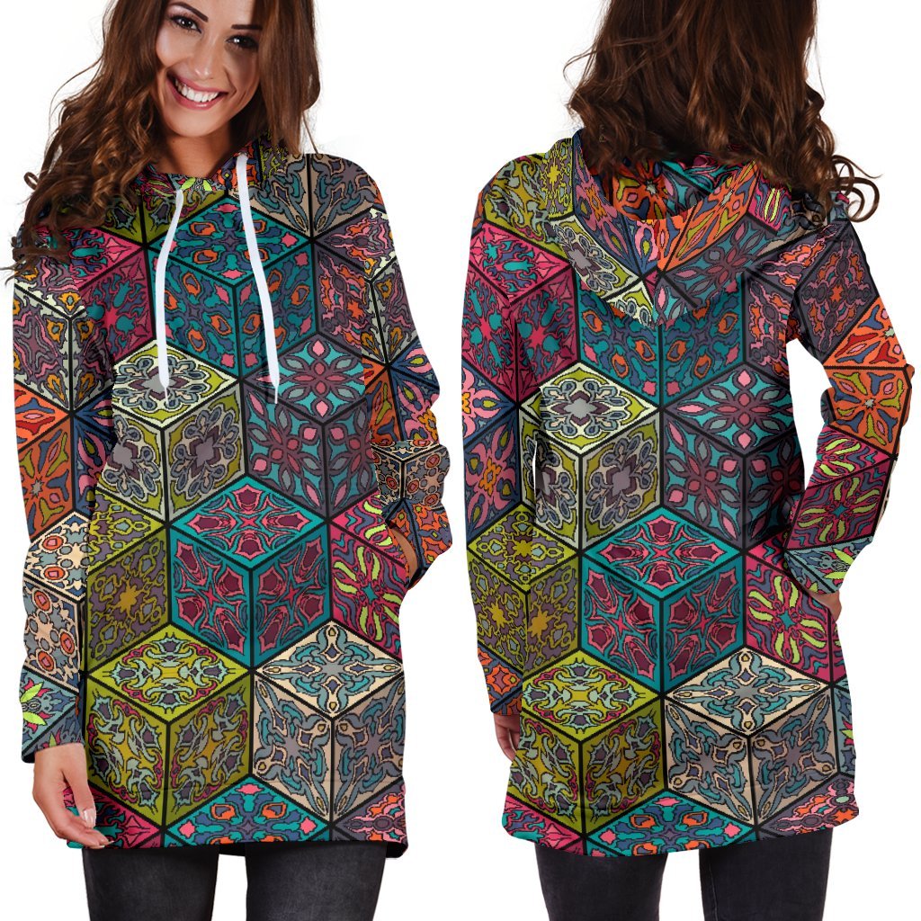 Bohemian Indian Box Pattern Print Hoodie Dress GearFrost