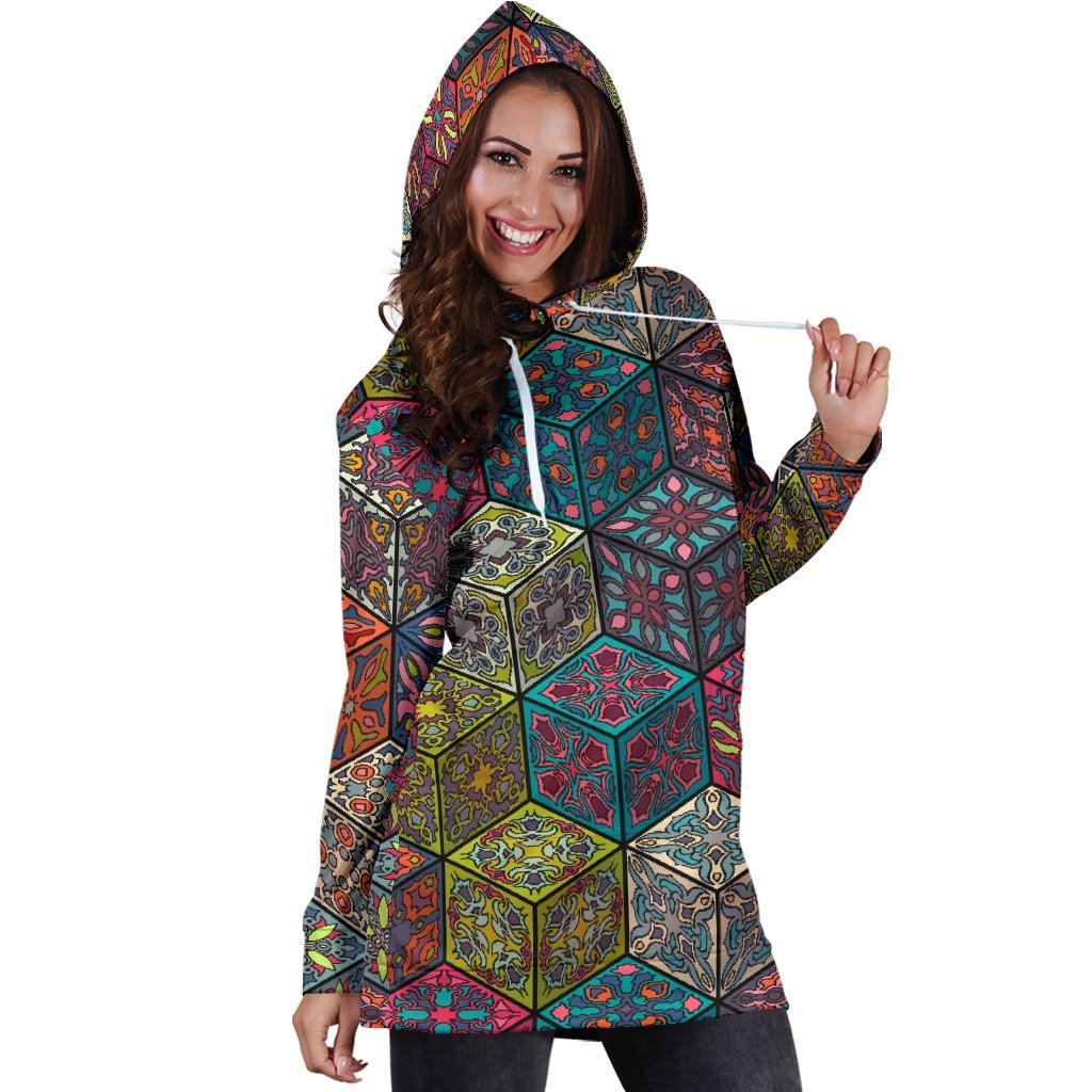 Bohemian Indian Box Pattern Print Hoodie Dress GearFrost