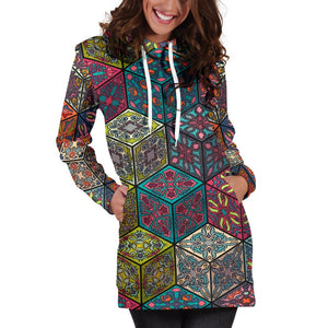 Bohemian Indian Box Pattern Print Hoodie Dress GearFrost