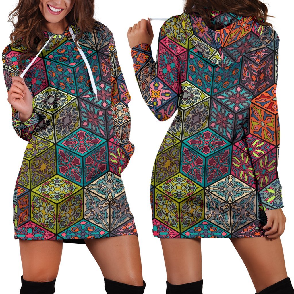 Bohemian Indian Box Pattern Print Hoodie Dress GearFrost