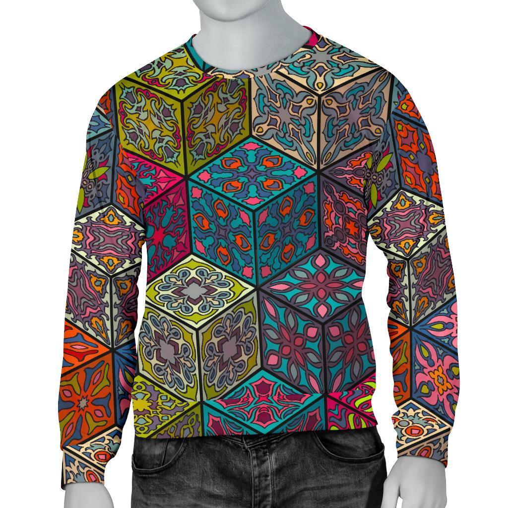 Bohemian Indian Box Pattern Print Men's Crewneck Sweatshirt GearFrost