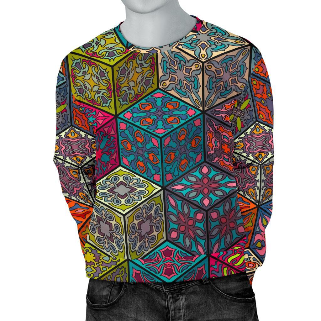 Bohemian Indian Box Pattern Print Men's Crewneck Sweatshirt GearFrost