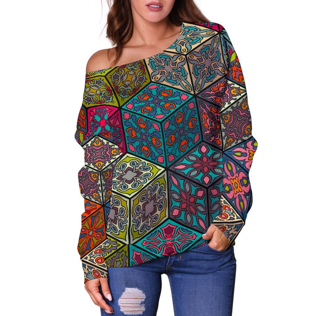 Bohemian Indian Box Pattern Print Off Shoulder Sweatshirt GearFrost