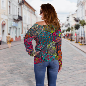 Bohemian Indian Box Pattern Print Off Shoulder Sweatshirt GearFrost