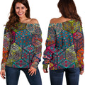 Bohemian Indian Box Pattern Print Off The Shoulder Sweatshirt
