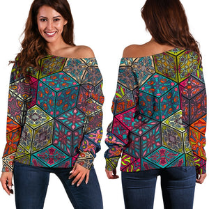 Bohemian Indian Box Pattern Print Off Shoulder Sweatshirt GearFrost