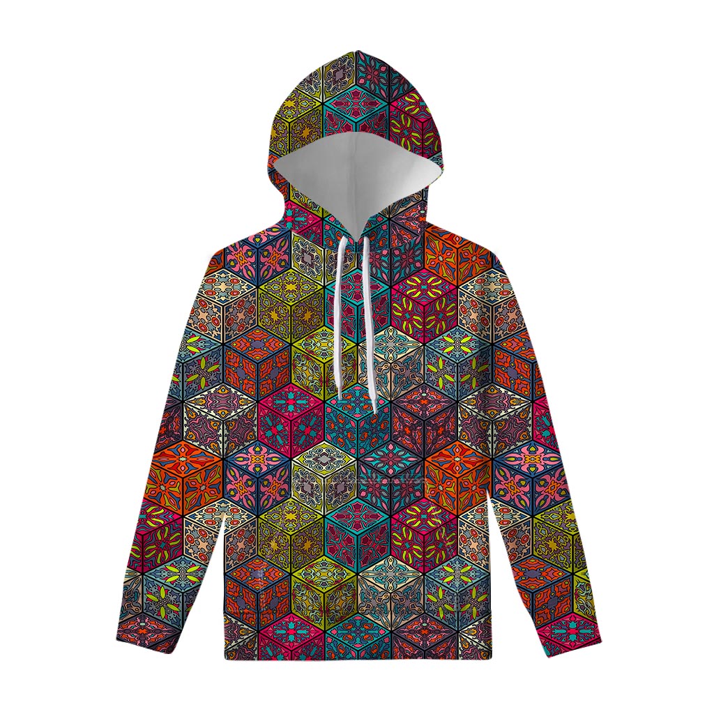 Bohemian Indian Box Pattern Print Pullover Hoodie