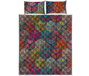 Bohemian Indian Box Pattern Print Quilt Bed Set