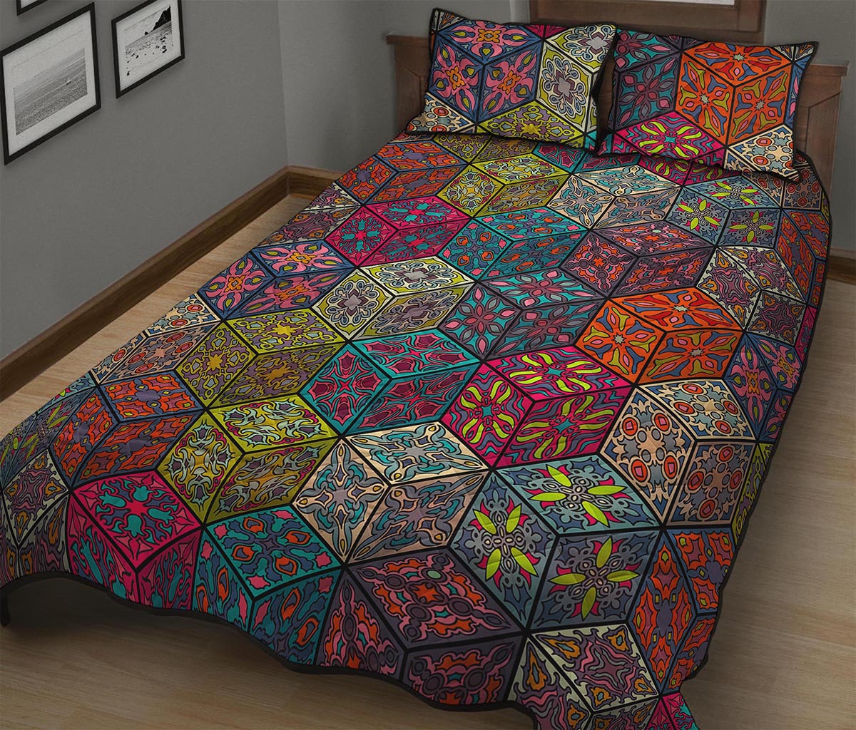 Bohemian Indian Box Pattern Print Quilt Bed Set