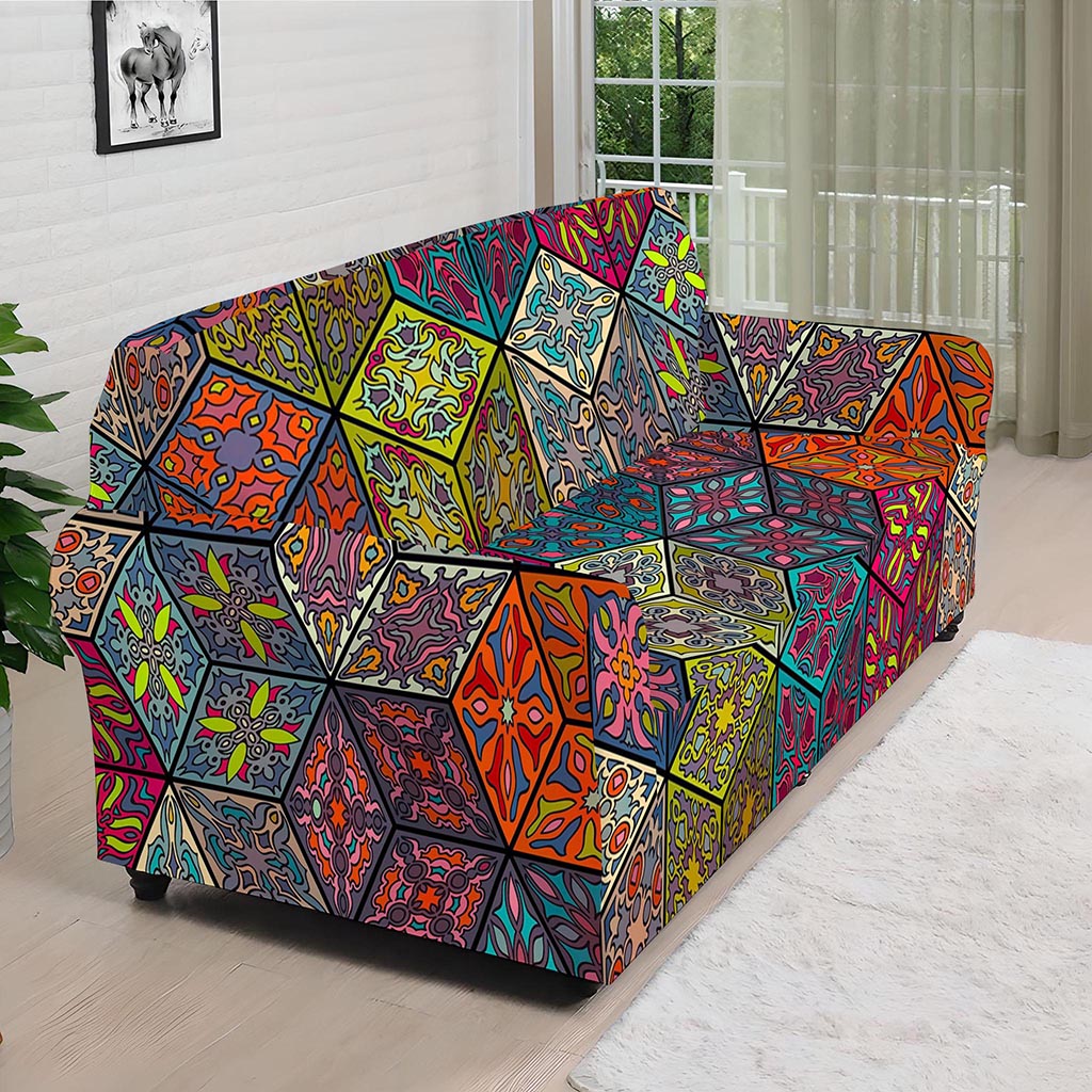 Bohemian Indian Box Pattern Print Sofa Cover