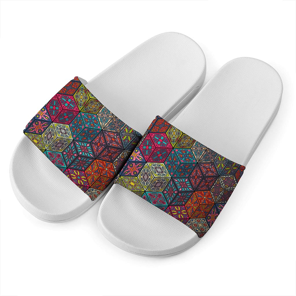 Bohemian Indian Box Pattern Print White Slide Sandals