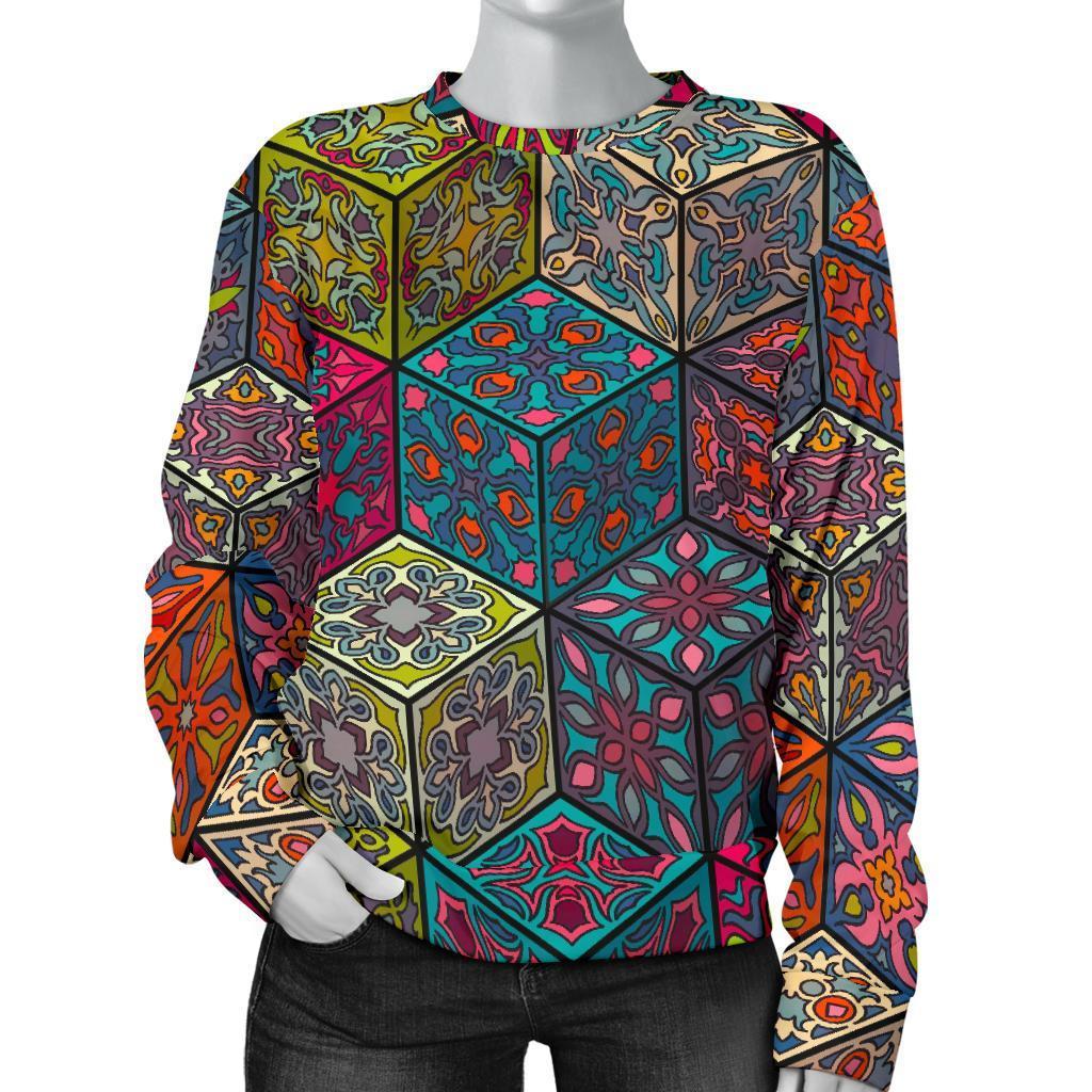Bohemian Indian Box Pattern Print Women's Crewneck Sweatshirt GearFrost