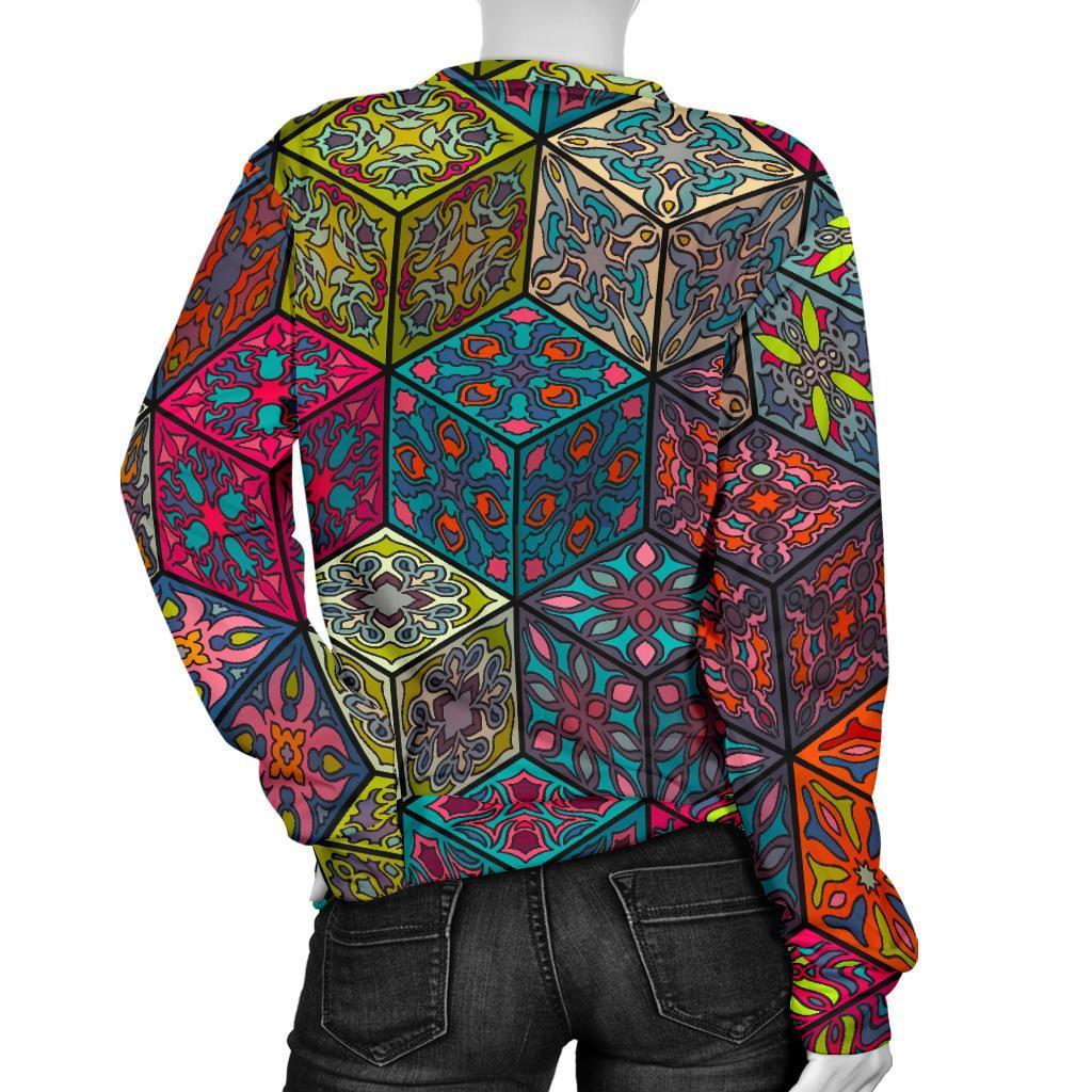 Bohemian Indian Box Pattern Print Women's Crewneck Sweatshirt GearFrost