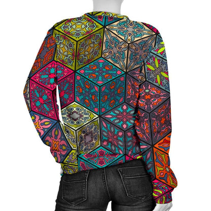 Bohemian Indian Box Pattern Print Women's Crewneck Sweatshirt GearFrost