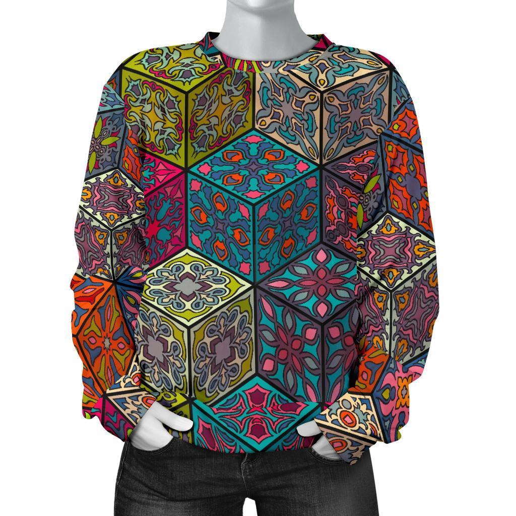 Bohemian Indian Box Pattern Print Women's Crewneck Sweatshirt GearFrost