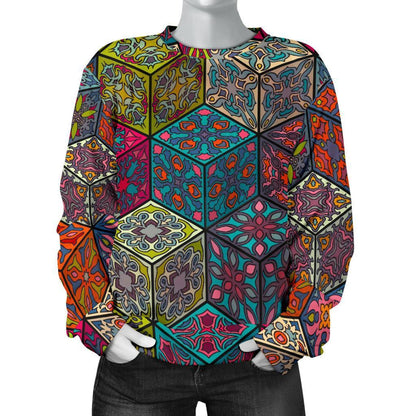 Bohemian Indian Box Pattern Print Women's Crewneck Sweatshirt GearFrost