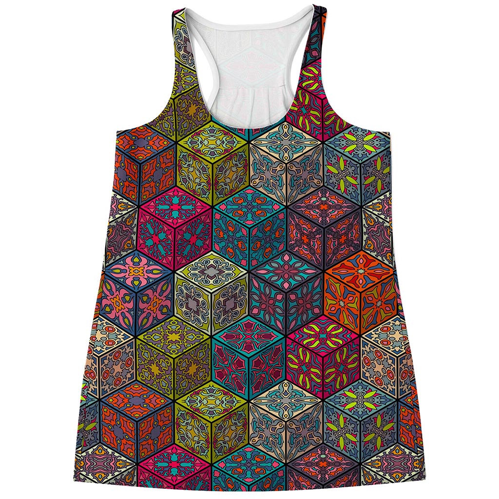 Bohemian Indian Box Pattern Print Women's Racerback Tank Top