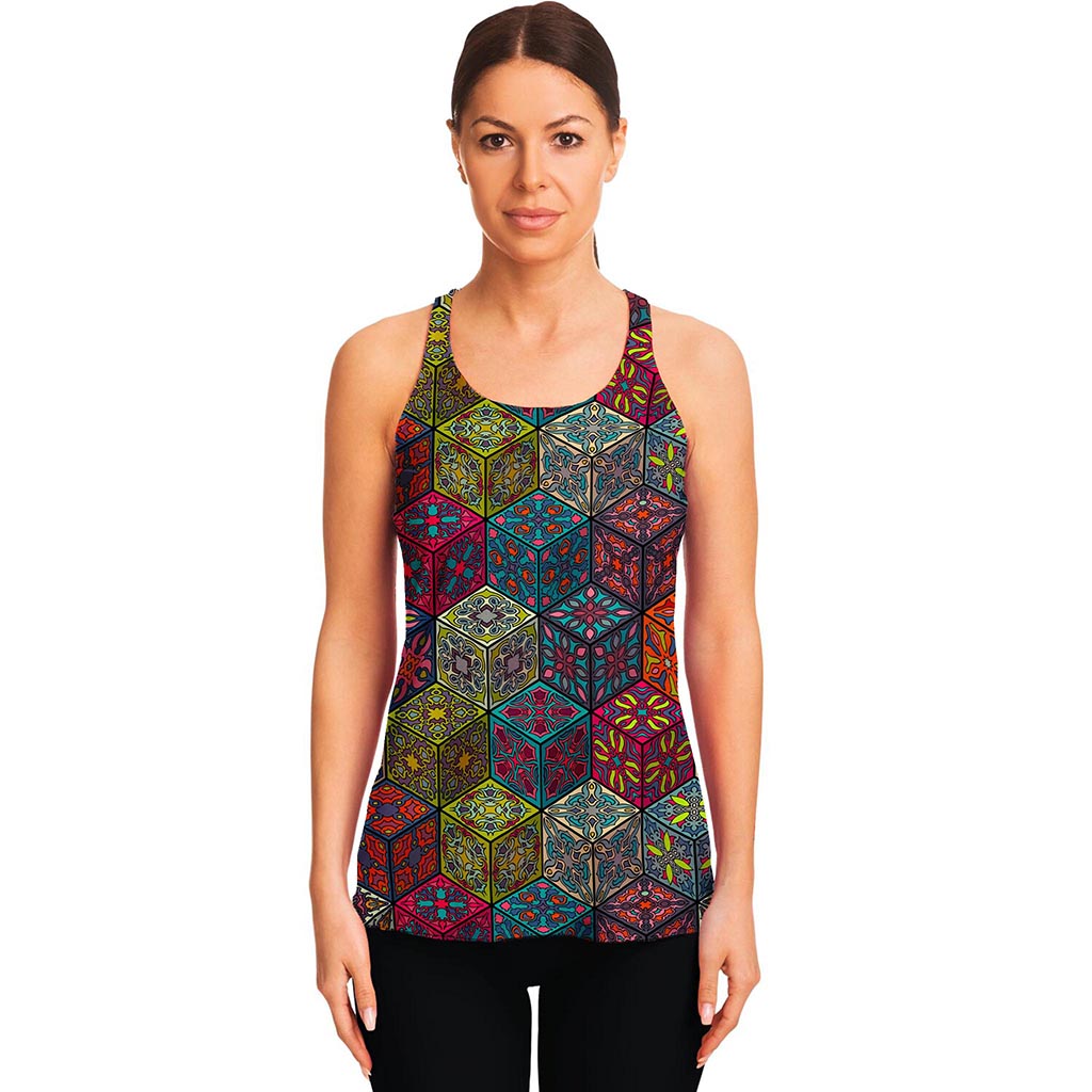 Bohemian Indian Box Pattern Print Women's Racerback Tank Top