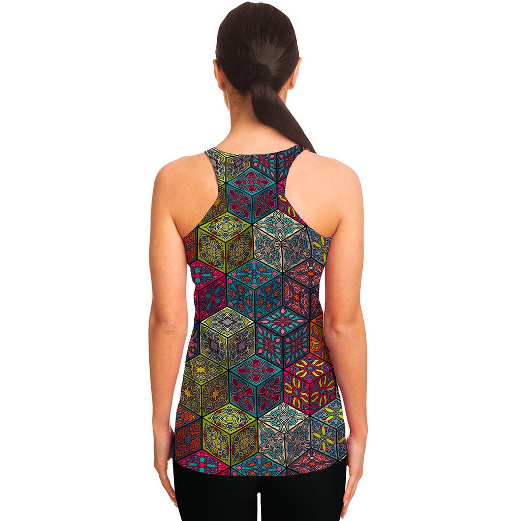 Bohemian Indian Box Pattern Print Women's Racerback Tank Top