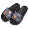 Bohemian Indian Mandala Patchwork Print Black Slide Sandals