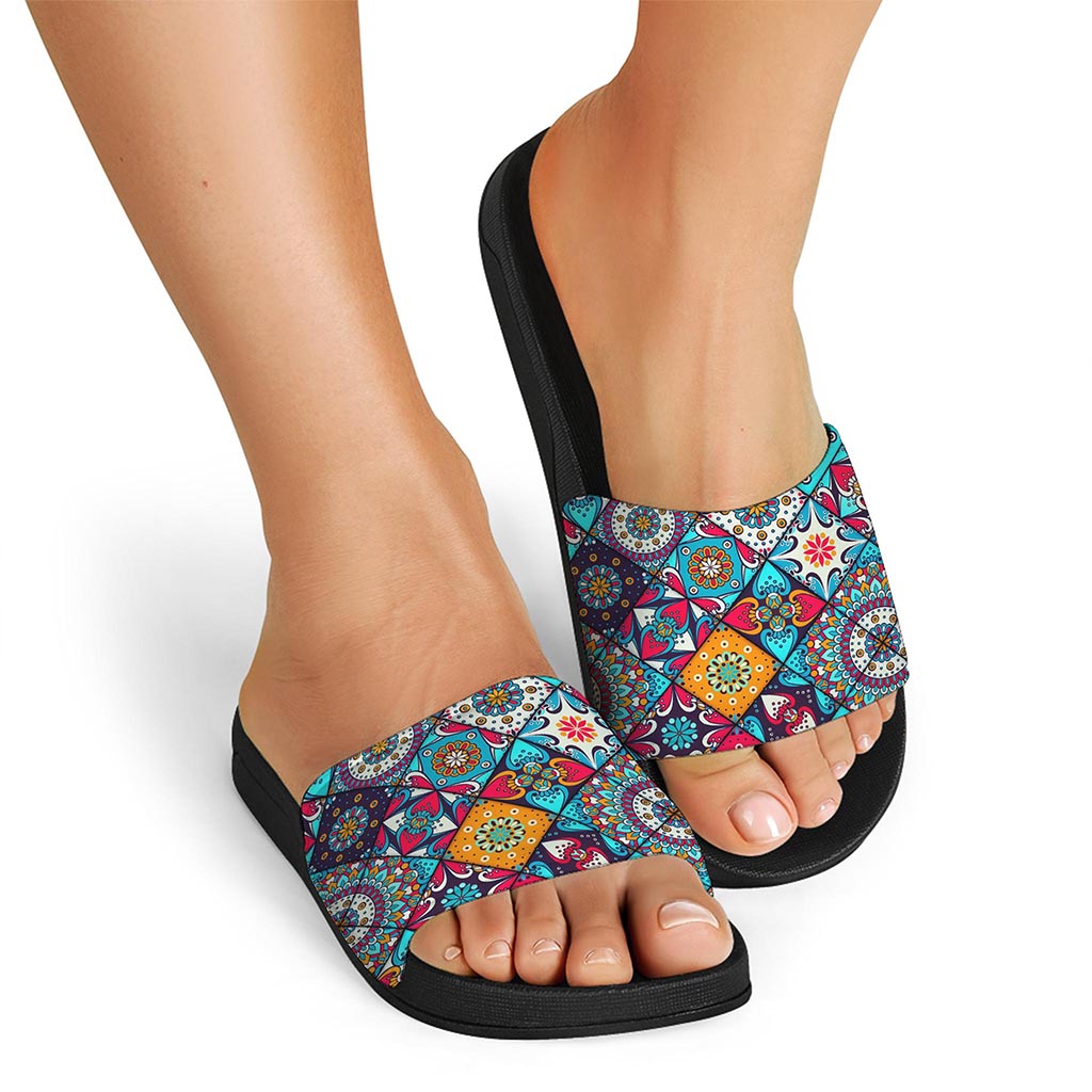 Bohemian Indian Mandala Patchwork Print Black Slide Sandals