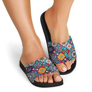 Bohemian Indian Mandala Patchwork Print Black Slide Sandals