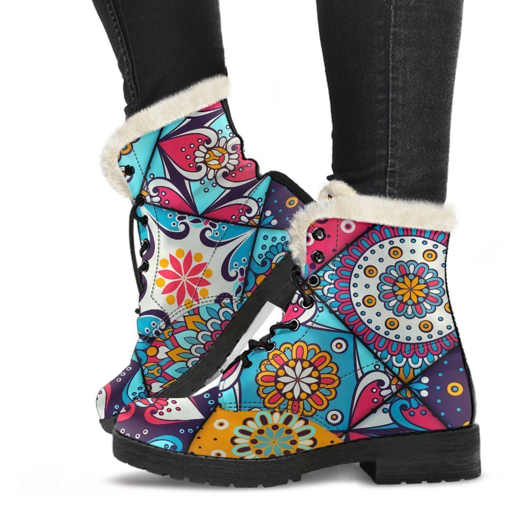 Bohemian Indian Mandala Patchwork Print Comfy Boots GearFrost