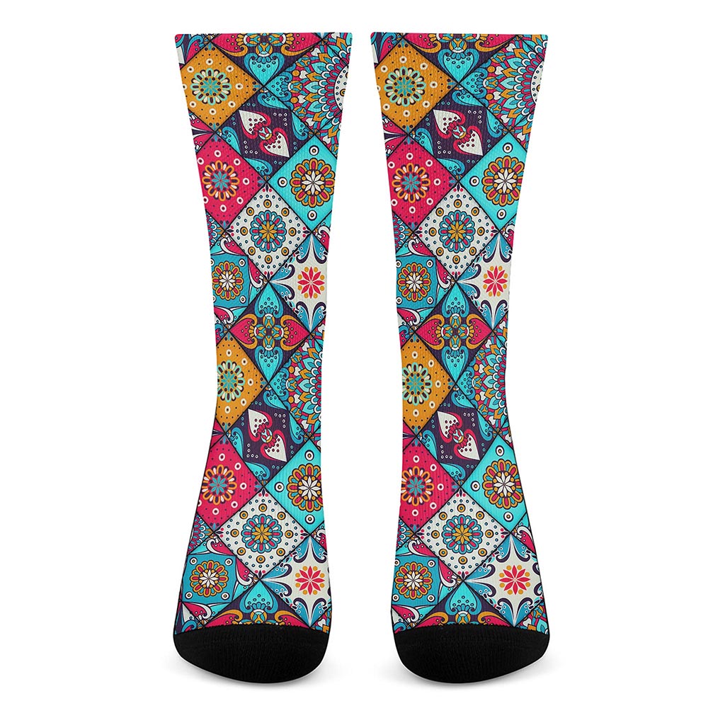 Bohemian Indian Mandala Patchwork Print Crew Socks