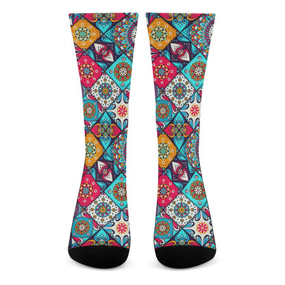 Bohemian Indian Mandala Patchwork Print Crew Socks