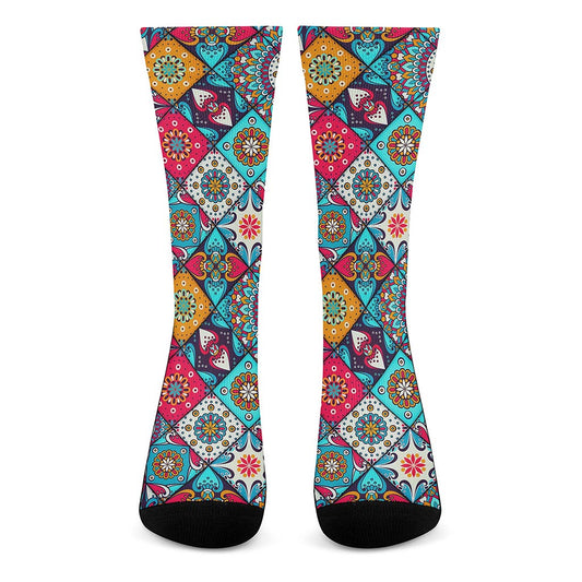 Bohemian Indian Mandala Patchwork Print Crew Socks