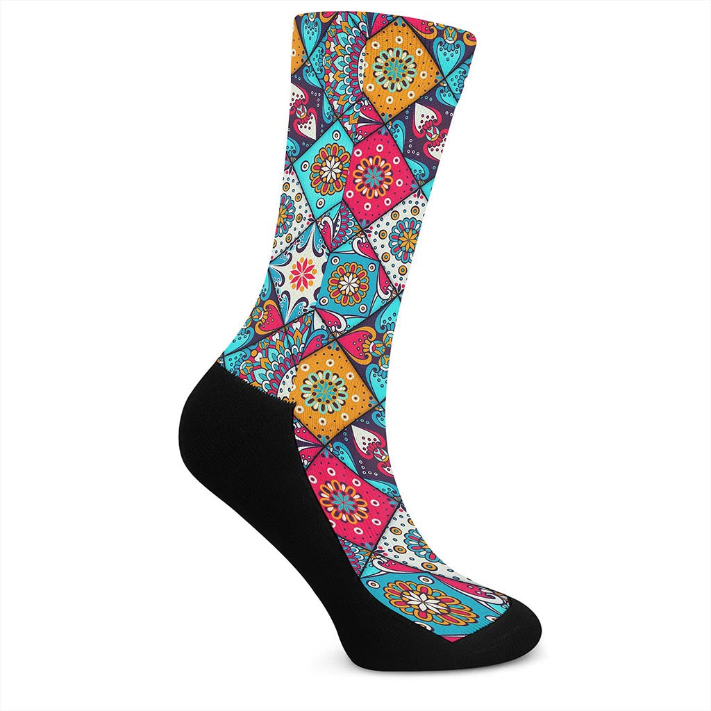 Bohemian Indian Mandala Patchwork Print Crew Socks
