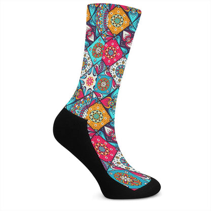 Bohemian Indian Mandala Patchwork Print Crew Socks