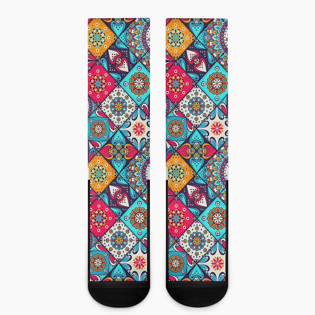 Bohemian Indian Mandala Patchwork Print Crew Socks