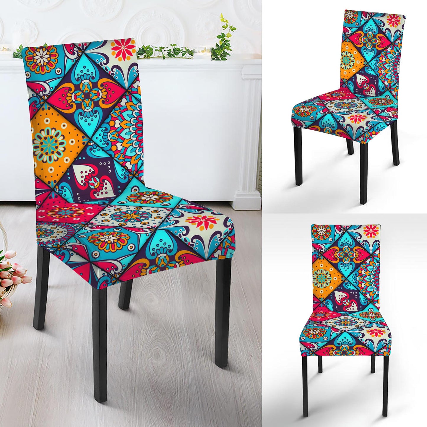 Bohemian Indian Mandala Patchwork Print Dining Chair Slipcover