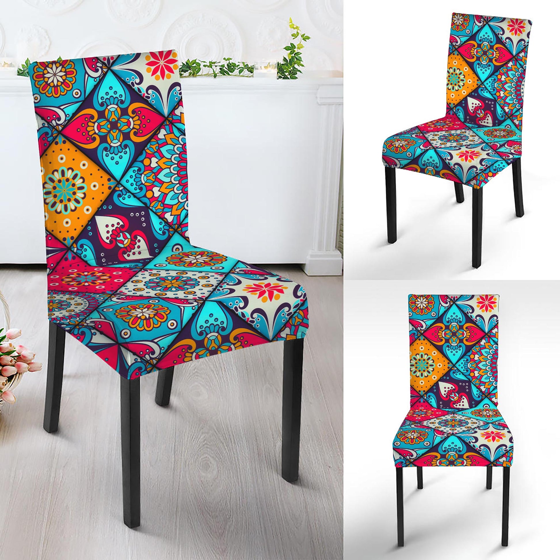 Bohemian Indian Mandala Patchwork Print Dining Chair Slipcover