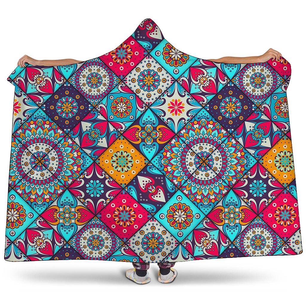 Bohemian Indian Mandala Patchwork Print Hooded Blanket