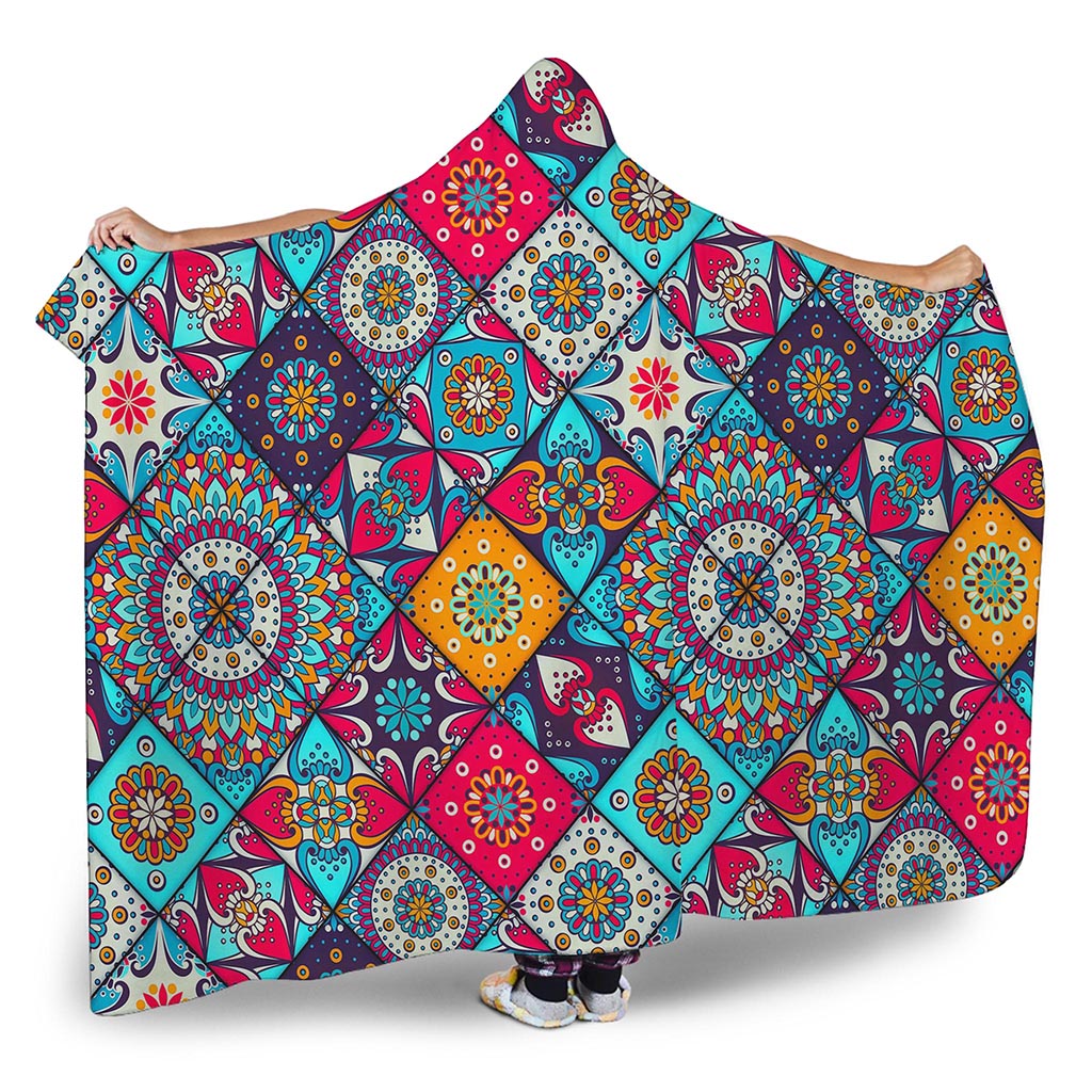 Bohemian Indian Mandala Patchwork Print Hooded Blanket
