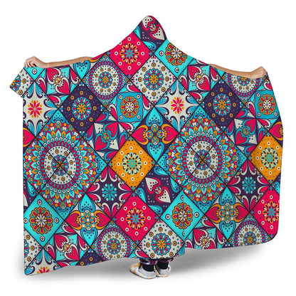 Bohemian Indian Mandala Patchwork Print Hooded Blanket