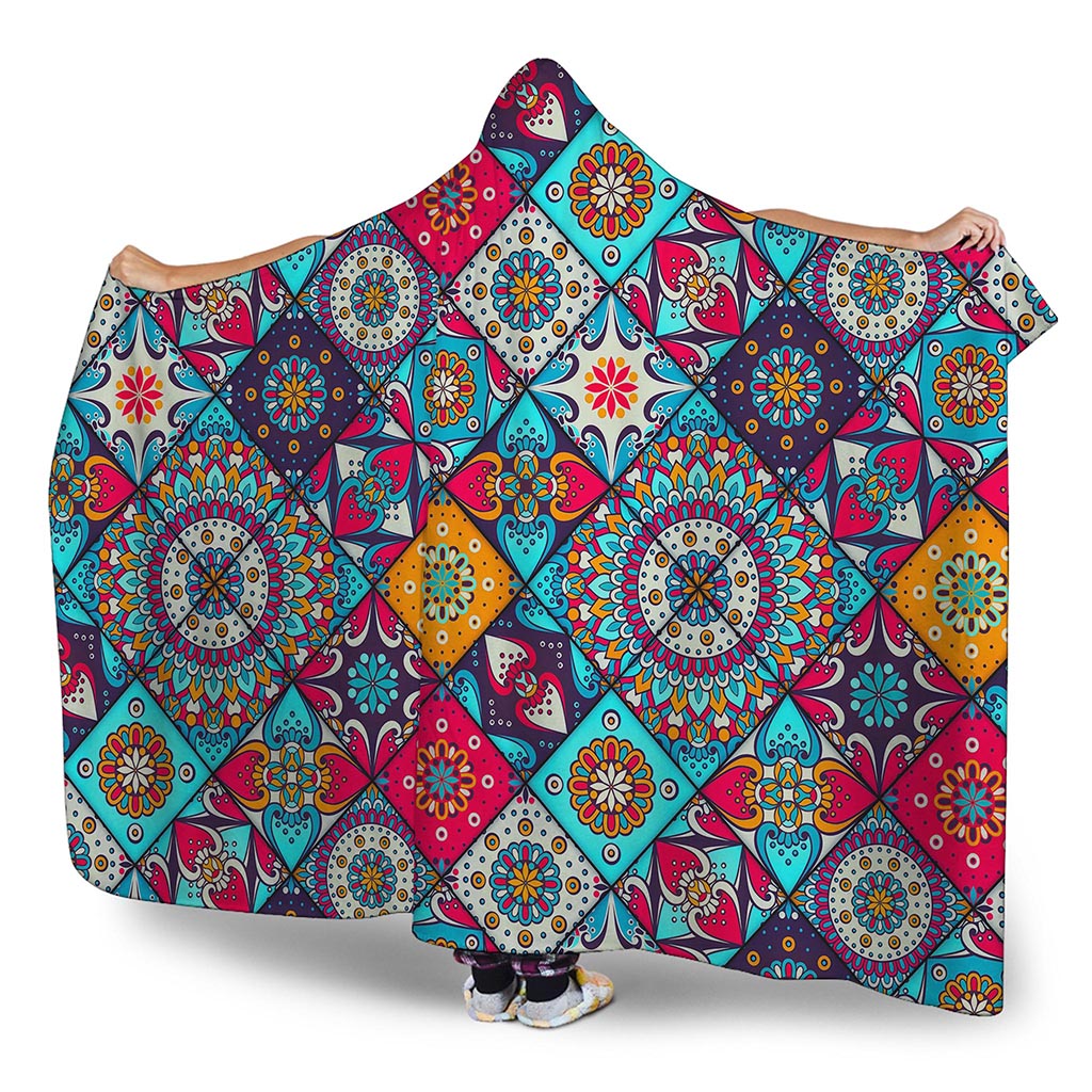 Bohemian Indian Mandala Patchwork Print Hooded Blanket