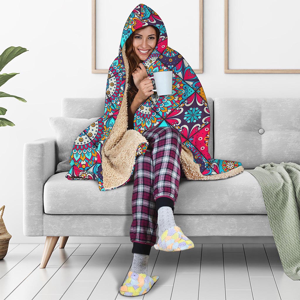 Bohemian Indian Mandala Patchwork Print Hooded Blanket