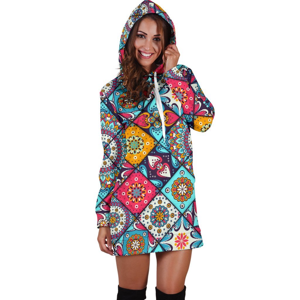 Bohemian Indian Mandala Patchwork Print Hoodie Dress GearFrost